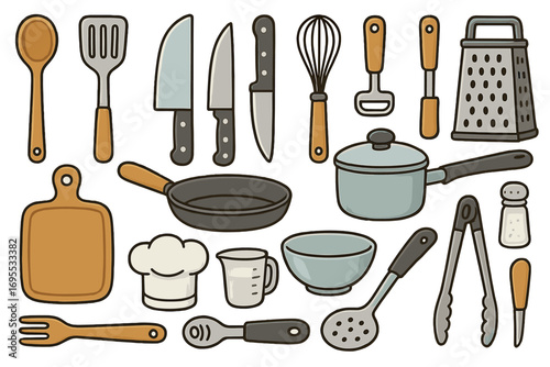 Big set of kitchen utensils and tools for cooking. Flat cartoon vector icons. Cookware collection for culinary preparation, restaurant menu or kitchen decor. Chef equipment.