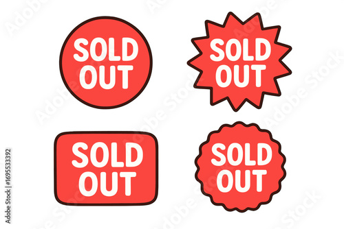 Set of vibrant red sold out badges with various shapes, vector cartoon sale stickers, retail and marketing icons, transparent background, modern promotional design elements, business labels