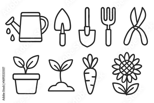 Modern simple gardening icons set featuring linear style watering can, trowel, shovel, garden fork, pruning shears, potted plant, seedling, carrot, and blooming flower vector illustration