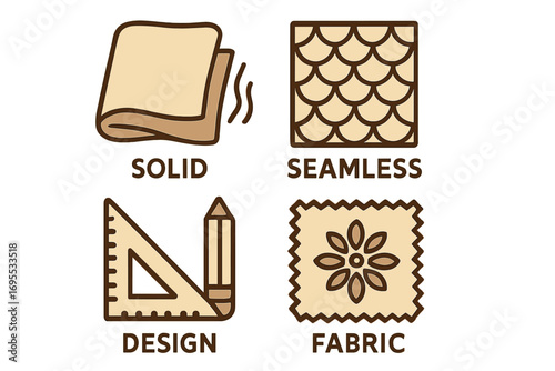 Textile and pattern filled icons set. Solid material, seamless pattern, fabric swatch with floral motif, and design tools. Vector cartoon illustration for creative concepts.