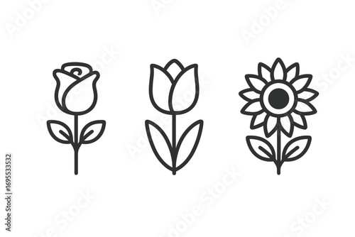 Minimalist flower icon set featuring stylized rose, tulip, and sunflower. Vector cartoon illustration with transparent background. Simple floral symbols for design.