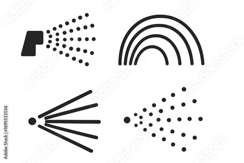 Spray icon set with water spray symbols, black vector icons isolated on white background, cartoon style illustration, transparent background, ordered collection for design use