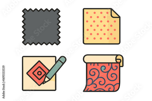 Textile and fabric pattern icon set. Vector illustration for sewing, craft, and design motifs. Includes wallpaper roll, polka dot sample, fabric swatch, and drawing a geometric design.