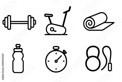 Simple line style fitness and exercise equipment icons set, vector cartoon illustration with transparent background, gym tools collection for workout, training gear symbols