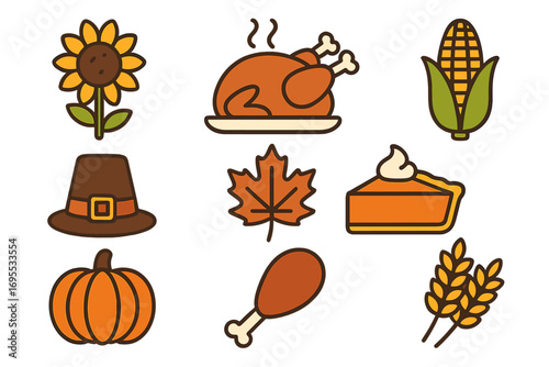 Thanksgiving icon set. Flat cartoon vector illustration. Autumn holiday food and symbols: roast turkey, pumpkin pie, pilgrim hat, corn, fall leaf. Harvest festival design elements.