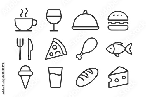 Minimalist food and drink icons set, line art style vector illustration for restaurant menus and design, cartoon style transparent background, ordered collection of dining symbols