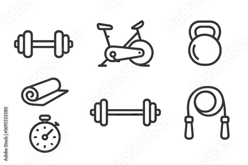 Simple line style icons for fitness and exercise equipment concepts, vector cartoon illustration with transparent background, ordered set of gym tools and workout gear symbols