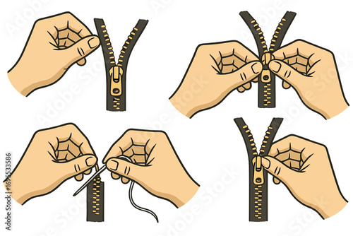 Manual zipper repair steps vector illustration set. How to fix a broken zip guide. DIY hand sewing instructions for mending clothes and accessories. Tailoring lifehack infographic.