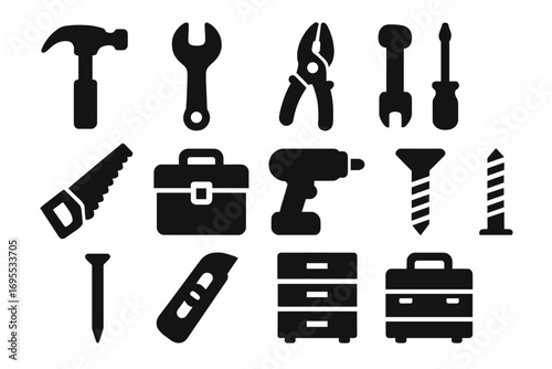 Tools and storage solid icons set. Filled silhouette symbols for repair, workshop, and construction. Vector cartoon illustration of hammer, wrench, saw, drill, and toolbox.