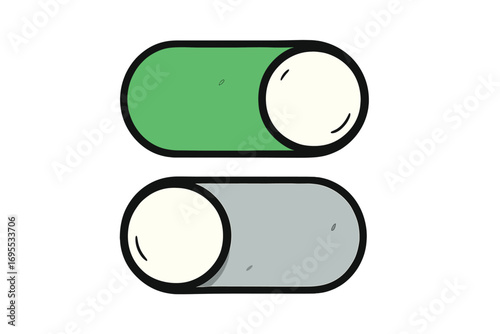 Toggle switch on and off set. Green enabled and grey disabled buttons. User interface UI element for web and app design. Vector cartoon illustration for settings or control panel.