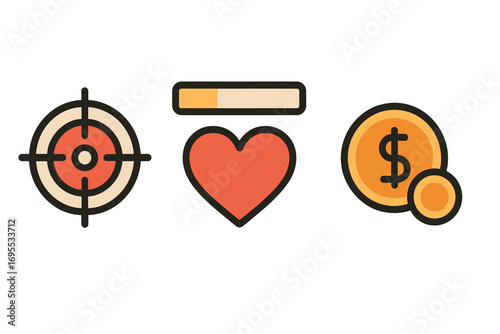 Minimalist game UI icons set with target crosshair, health bar, and dollar currency coins. Vector cartoon illustration on transparent background. Clean game interface elements.