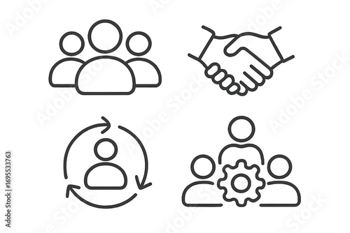 Teamwork icon set linear style vector illustration with handshake, collaboration, group, user, people and gear, concepts of partnership, community, and teamwork success transparent background