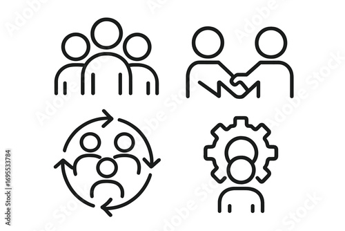 Teamwork icons set with linear style, vector cartoon illustration of collaboration, partnership handshake, group synergy, and leadership gear concept on transparent background