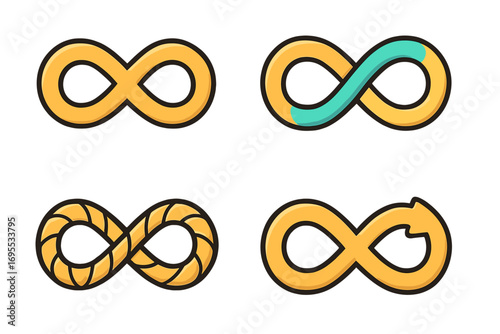 Collection of infinity symbols vector icons. Creative set of endless loop, eternity sign, and limitless concepts. Abstract logo elements. Cartoon graphic design illustrations.