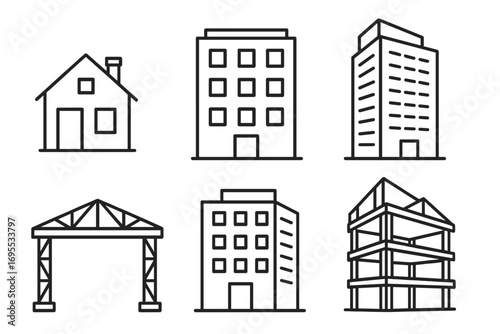 Building outline icon set. House, office, skyscraper, structure, frame, construction site. Vector line art illustration. Architecture, real estate, urban development, property concepts.