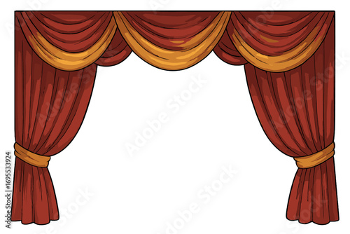 Realistic theatre curtains border, vintage stage drapes with golden swags, classic theatrical curtain frame, performance stage decoration, vector cartoon illustration with transparent background