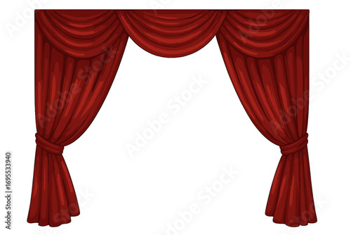 Realistic Theatre Curtains Border Vector Illustration, Red Draped Stage Curtain Design, Transparent Background, Elegant Stage Decor, Classic Theatre Frame, Scenic Performance Element