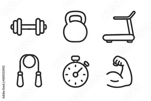 Minimalist gym equipment icons set with dumbbell, kettlebell, treadmill, jump rope, stopwatch, muscle arm, fitness workout tools vector cartoon illustration transparent background