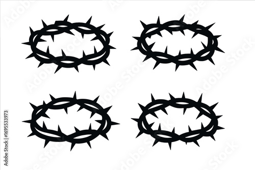 Thorn crown vector icon set, silhouette sign of sharp barbed circle, cartoon style illustration, isolated transparent background, spiritual symbol, protection concept, 4 variations