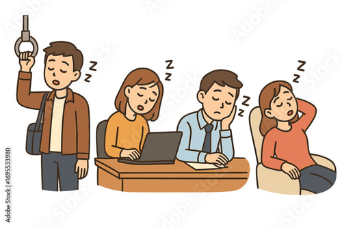 Set of tired cartoon people sleeping. Man napping on train commute, office workers asleep at desk with laptop, woman dozing in chair. Concept of fatigue, burnout, overwork.