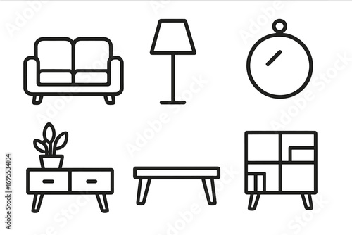 Minimalist home decor icons set with sofa, floor lamp, wall clock, plant on cabinet, coffee table, and bookshelf for modern interior design concepts, vector cartoon illustration