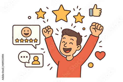Positive customer review and five star rating. Happy man celebrating success. Excellent feedback, user satisfaction, quality service, and client testimonial vector concept.