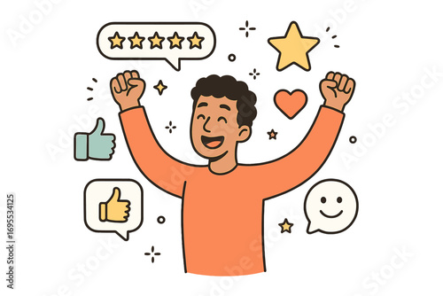 Positive feedback concept. Customer satisfaction. Man celebrating a five star rating. Client review and user experience. Quality service and testimonial. Excellent. Thumbs up.