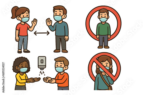 Social distancing signage with safe pandemic practices, face masks, hand sanitizer usage, no touching face, maintaining personal space, public health awareness vector cartoon illustration