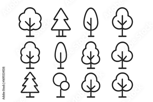 Tree icon set in linear style, minimalist plant line icons collection, vector cartoon illustration with transparent background, organized tree shapes pack for design