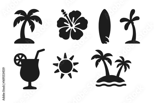 Tropical silhouette icon set. Solid vector glyphs of palm tree, hibiscus flower, surfboard, sun, island and cocktail. Summer vacation, beach holiday symbols for design.