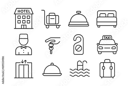 Minimalist hotel icons set with linear travel and hospitality symbols, vector cartoon illustration, suitcase, bell, bed, elevator, pool, taxi, key, do not disturb, ordered set, transparent background