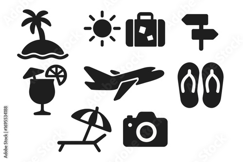 Tropical vacation solid icons set. Beach holiday and travel symbols collection. Vector glyphs for tourism and summer concepts. Includes airplane, palm island, sun, and cocktail.
