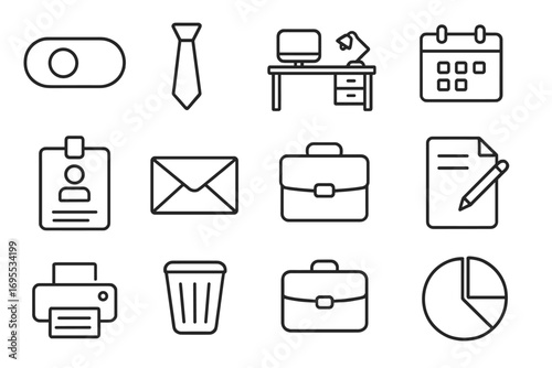 Office and business thin line icon set. Comprehensive collection of corporate work essentials symbols. Includes desk, printer, briefcase, calendar, ID badge, and finance chart.