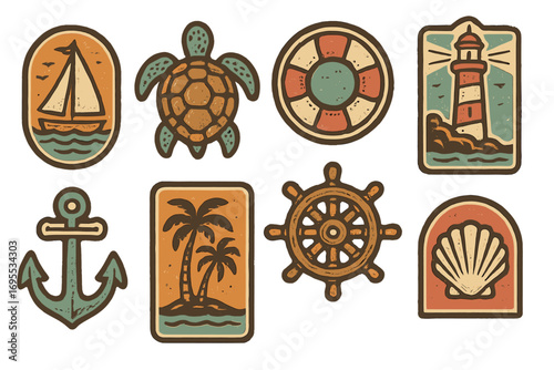 Unique vintage nautical stamp designs with tropical motifs, coastal sailing elements, sea turtle, lighthouse, anchor, palm trees, ship wheel, sea shell, marine adventure vector cartoon illustration