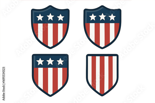 USA shield symbol set. American flag emblem collection. Patriotic vector icon with stars and stripes. National security, protection, and pride concept for July 4th. Badge.
