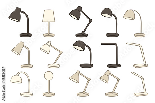 Variety of modern minimalist desk lamps collection, different styles and shapes, cartoon vector illustration for interior design inspiration, lighting ideas, home office lamps