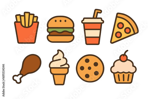 Minimalist flat design icons of popular fast food and desserts including fries, burger, soda, pizza, chicken drumstick, ice cream, cookie, and cupcake with cherry, vector cartoon illustration set