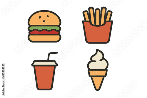 Minimalist flat design icons of popular fast food and desserts with hamburger, french fries, soft drink, ice cream cone, vector cartoon illustration, transparent background, ordered set