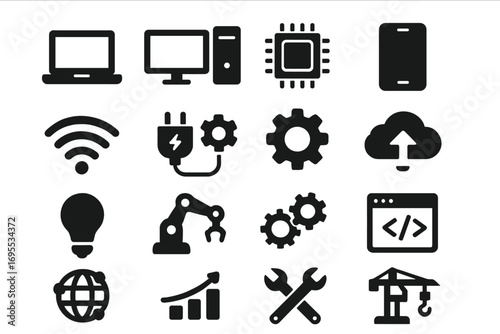 Technology and development icons set in simple black silhouette style, vector cartoon illustration, computer, microchip, gears, robotic arm, coding, cloud upload, internet, tools, growth chart, crane