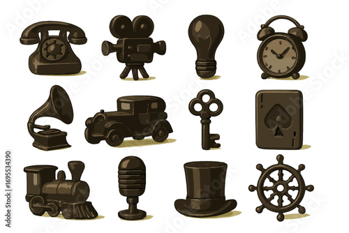 Vintage 3D icons set. Retro classic symbols collection with old telephone, movie camera, car, key, clock, gramophone, train, microphone, top hat. Cartoon vector illustration.
