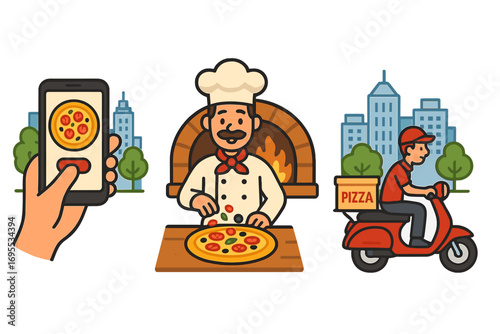 Pizza delivery service process steps. Man orders food online via mobile app, chef cooks in restaurant kitchen, courier on scooter delivers. Vector cartoon illustration.