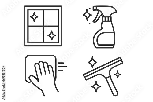 Window cleaning linear icons set. Household chores and housekeeping service symbols. Glass cleaner spray, squeegee, wipe cloth. Outline pictogram collection. Vector illustration.
