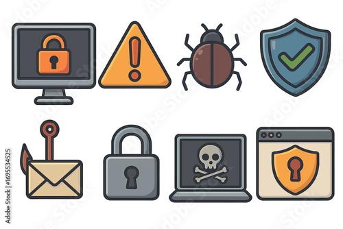 Cyber security icon set. Internet threats and online protection concept. Collection of phishing email, computer virus, bug, hacking, ransomware, padlock, and web safety icons.