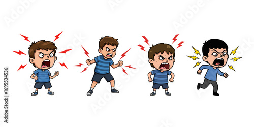 Cartoon boy expressing anger in various poses