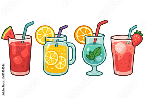 Vector set of refreshing summer drinks. Cartoon collection of colorful fruit cocktails and juices. Lemonade, smoothie, and mojito with fruit garnishes like strawberry and lemon.