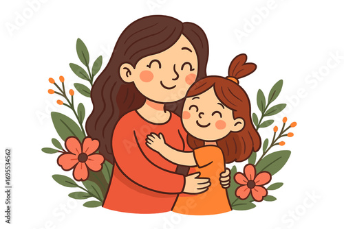 Happy Mother's Day vector illustration. Cute cartoon of a loving mom and daughter hugging. Beautiful family love concept with floral decoration for a greeting card or poster.