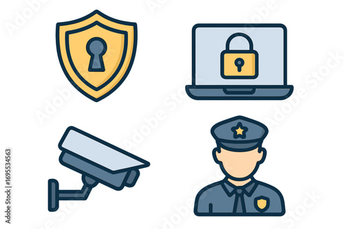 Security icon set for online protection and physical safety. Vector icons of shield, cctv, police guard, and laptop lock. Cybersecurity, surveillance and privacy concepts.