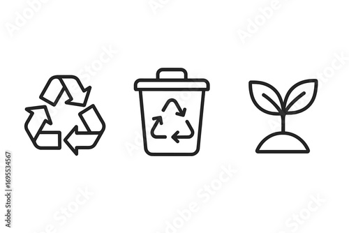 Minimalist recycling icons set with line art style, eco-friendly waste bin and green plant sprout symbol, sustainability concept, environmental protection vector illustration