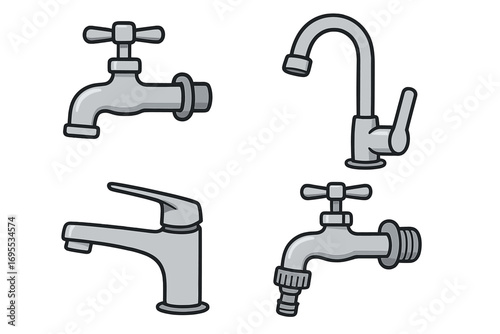 Various faucet designs showcasing different styles and functionalities in minimalist vector cartoon illustrations with transparent background, plumbing taps, water faucets