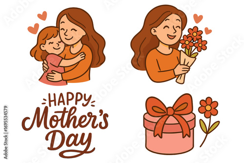 Happy Mother's Day vector illustration set. Cute cartoon mother and daughter hugging. Woman holding flowers, gift box, and lettering for greeting card, flyer, sale, decoration.